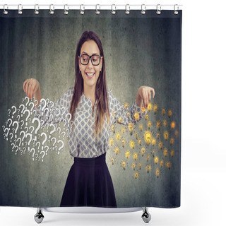 Personality  Happy Young Woman With Many Questions And Answers Ideas Light Bulbs On Gray Wall Background  Shower Curtains