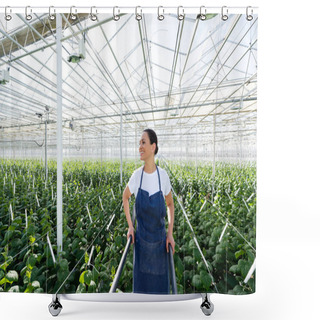 Personality  Joyful African American Farmer Smiling While Looking Away In Greenhouse Shower Curtains
