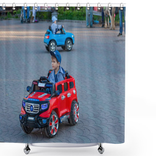 Personality  Two Little Boys Ride On Red And Blue Electric Cars While Walking Shower Curtains