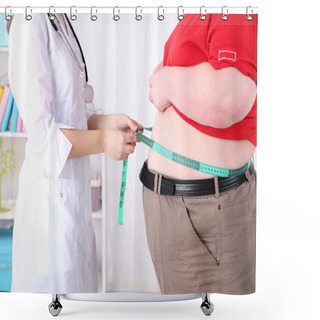 Personality  Doctor Examining  Patient Obesity On Light Background Shower Curtains