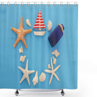 Personality  Nautical And Summer Holidays Concept With Sea Life Style Objects, Seashells And Starfish Over Blue Wooden Background. Shower Curtains