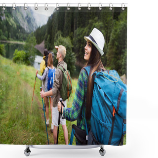 Personality  Happy Hiker Group Of Friends Trekking As Part Of Healthy Lifestyle Outdoors Activity Shower Curtains