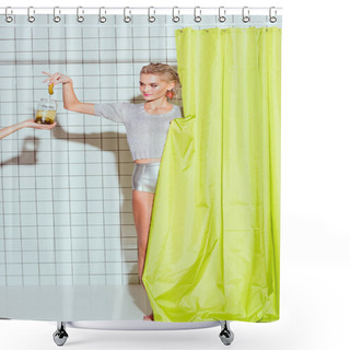 Personality  Beautiful Young Woman Taking Pickled Cucumber From Glass Jar In Shower Shower Curtains