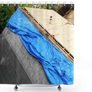 Personality  Worker Does The Installation Of The Roof Of House. Installation Shower Curtains