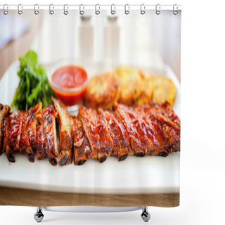 Personality  Main Dish - Pork Ribs And Barbeque Sauce With Parsley And Bread Shower Curtains