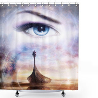 Personality  Viking Boat On The Beach And Woman Eye. Boat With Wood Dragon. And Structure Background, Red, Orange, Yellow, Black, Violet And Blue Color. Color Painting. Shower Curtains