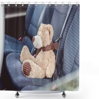 Personality  Close-up Shot Of Cute Teddy Bear Sitting On Back Seats Of Car Shower Curtains