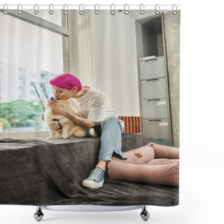 Personality  Caring Pet Hotel Worker With Purple Hair Kissing Loveable Pomeranian Spitz, Doggy Love And Care Shower Curtains