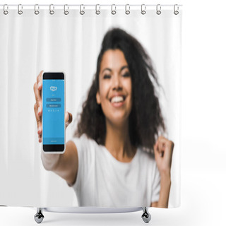 Personality  KYIV, UKRAINE - MAY 29, 2019: Selective Focus Of Happy African American Girl Holding Smartphone With Skype App And Celebrating Isolated On White  Shower Curtains