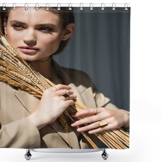 Personality  Young Woman In Beige Blazer Looking At Camera Near Wheat Spikelets On Dark Grey Shower Curtains