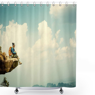 Personality  Young Woman Sitting On Cliff Shower Curtains