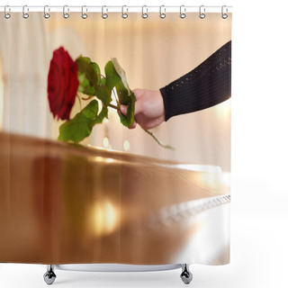 Personality  Woman With Red Roses And Coffin At Funeral Shower Curtains