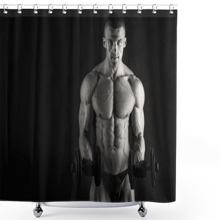 Personality  Bodybuilder Posing In Different Poses Demonstrating Their Muscles. Failure On A Dark Background. Male Showing Muscles Straining. Beautiful Muscular Body Athlete. Shower Curtains