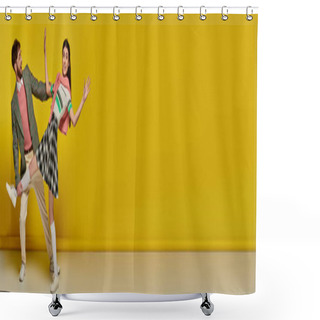 Personality  Cheerful Man In Glasses Catching Falling Woman, Young Couple, Funny, Yellow Backdrop, Banner Shower Curtains