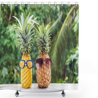 Personality  Couple Of Funny Attractive Pineapples In Glasses And Glasses For Swimming On A Tropical Terrace. Tropical Island. Shower Curtains