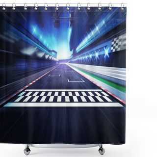 Personality  Finish Line On The Racetrack With Spotlights In Motion Blur Shower Curtains