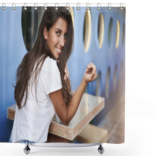 Personality  Gorgeous Sassy Hispanic Brunette Woman Sit Alone Outdoor Street Cafe Coffee Table Turn Back Look Camera Happily Flirty Smile Wave Hand, Coquettish Glance Having Fun Enjoy Vacation Shower Curtains