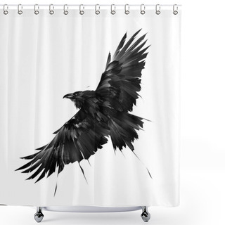 Personality  Drawn Graphic Raven Bird In Flight On A White Background Shower Curtains