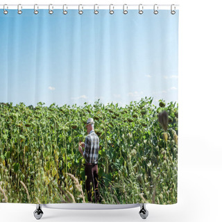 Personality  Self-employed Farmer In Straw Hat Standing Near Sunflowers In Field  Shower Curtains