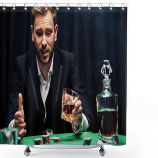 Personality  Selective Focus Of Upset Man Holding Glass And Gesturing On Black With Smoke Shower Curtains