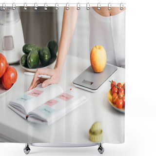 Personality  Selective Focus Of Woman Writing Calories While Weighing Apple Near Fresh Vegetables On Kitchen Table, Calorie Counting Diet Shower Curtains