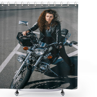 Personality  Attractive Curly Girl Sitting On Classical Motorbike With Helmet On Parking Shower Curtains