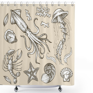 Personality  Hand Drawn Sketch Set Seafood, Sea Animals. Vector Illustration Shower Curtains