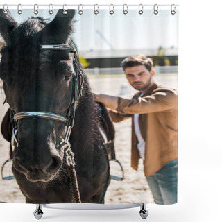 Personality  Selective Focus Of Handsome Male Equestrian Fixing Horse Saddle At Ranch Shower Curtains