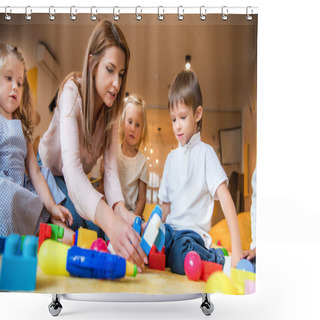 Personality  Educator Helping Kids Playing With Constructor In Kindergarten Shower Curtains