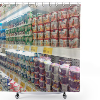 Personality  KUALA LUMPUR, MALAYSIA -MARCH 09, 2018: Selected Focused On The Dairy Product Displayed On Cool Chiller Rack In The Supermarkets. The Product Packed Nicely Following Its Brands.   Shower Curtains