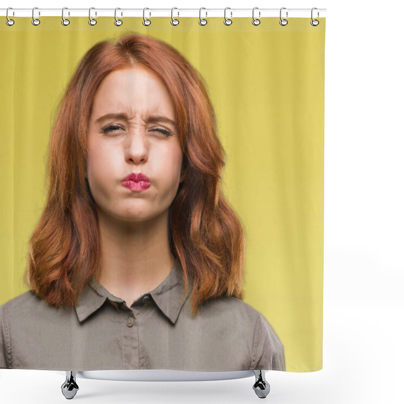 Personality  Young Beautiful Woman Over Isolated Background Puffing Cheeks With Funny Face. Mouth Inflated With Air, Crazy Expression. Shower Curtains