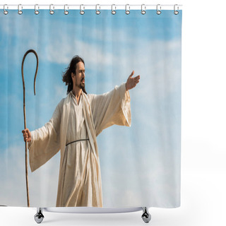 Personality  Jesus With Outstretched Hand Holding Wooden Cane Against Blue Sky Shower Curtains