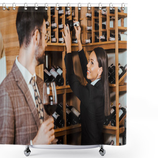 Personality  Female Wine Steward Taking Bottle From Shelf For Client At Wine Store Shower Curtains