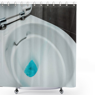 Personality  Close Up View Of Blue Liquid Detergent In Ceramic Clean Toilet Bowl In Modern Restroom With Grey Tile Shower Curtains