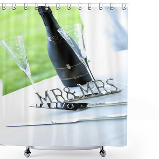 Personality  Chrome 'mr & Mrs' Sign Next To Champagne And Cake Server Shower Curtains