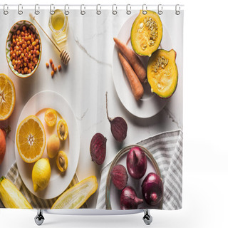 Personality  Top View Of Plates With Season Autumn Vegetables And Fruits On Marble Surface Shower Curtains