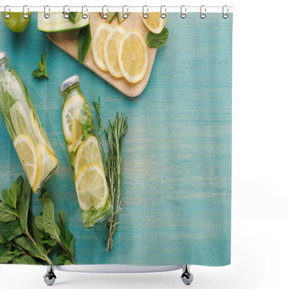 Personality  Top View Of Detox Drink In Bottles With Lemon And Cucumber Slices, Mint And Rosemary Shower Curtains