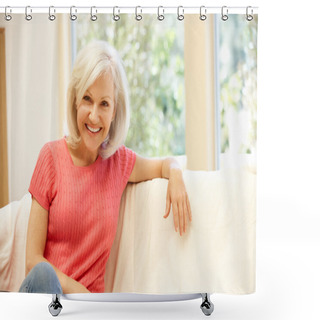Personality  Middle Aged Woman Relaxing At Home Shower Curtains