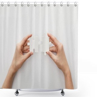 Personality  Cropped View Of Woman Holding Piece Of Jigsaw Puzzle On White Background Shower Curtains