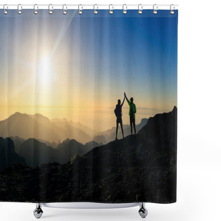 Personality  Couple Hikers Celebrating Success In Sunset Mountains, Accomplish With Arms Up Outstretched. Young Man And Woman Looking At Beautiful Inspirational Landscape View, Gran Canaria Canary Islands. Shower Curtains