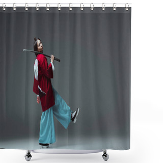 Personality  Side View Of Samurai In Kimono Walking With Katana And Looking At Camera On Grey Shower Curtains