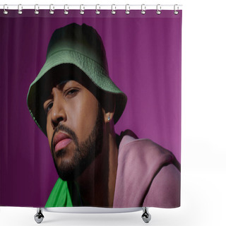 Personality  Handsome Young Man In Green Panama With Earring Looking Suspiciously At Camera, Fashion Concept Shower Curtains