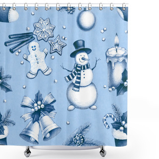 Personality  Pencil Drawings Of Christmas Decorations. Seamless Pattern Shower Curtains