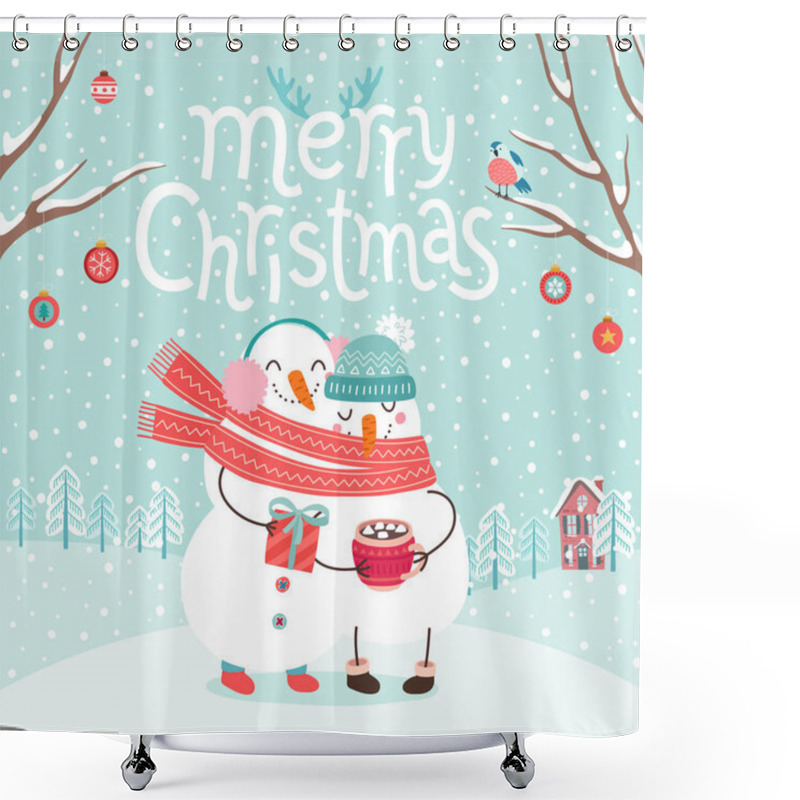 Personality  Cute snowmen couple hugging. Merry Christmas card. Vector illustration. shower curtains