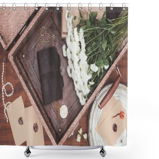 Personality  Top View Of Opened Vintage Suitcase With Objects Over Wooden Background Shower Curtains