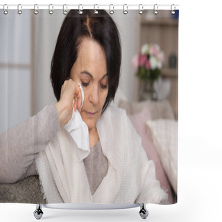Personality  Sad Stressed Old Middle Aged Woman Widow Mourning Crying Alone Shower Curtains
