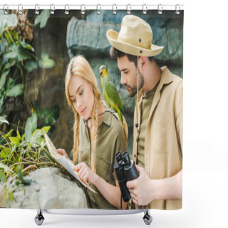 Personality  Attractive Young Couple In Safari Suits With Parrot Trying To Navigate In Jungle Shower Curtains