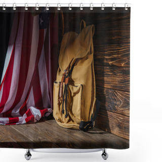 Personality  Backpack And American Flag On Wooden Surface, Travel Concept  Shower Curtains