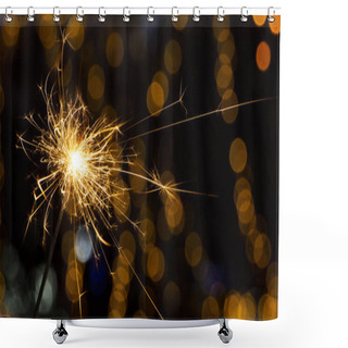 Personality  Burning Sparkler On Bokeh Background From Lights Of Garland Close Up Shower Curtains