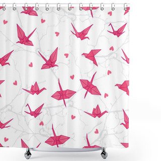 Personality  Origami Cranes In Love On The Branches Seamless Print Shower Curtains